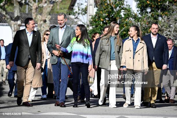 King Felipe VI of Spain, Queen Letizia of Spain, Princess Sofia of Spain and Crown Princess Leonor of Spain visit to Churches of Arroes, Pion and...
