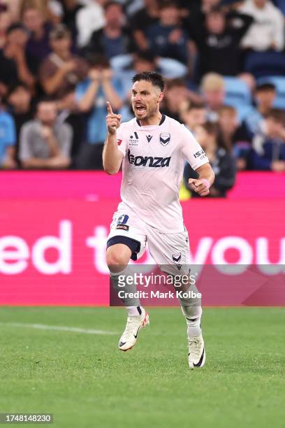 Bruno Mezza of the Victory celebrates scoring a goal during the A-League Men round one match between Sydney FC and Melbourne Victory at Allianz...