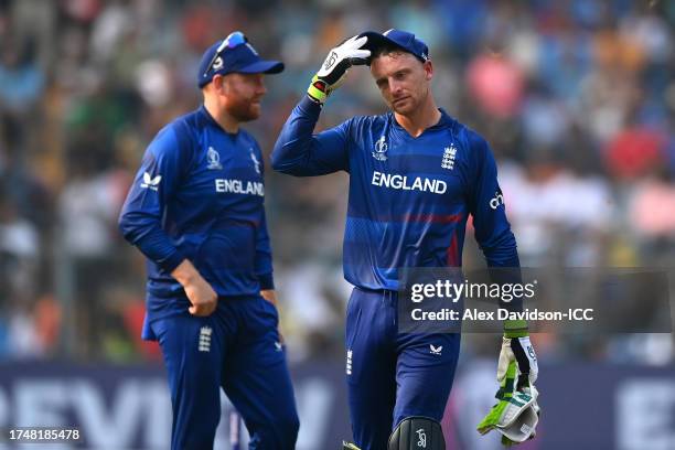 Jos Buttler of England reacts during the ICC Men's Cricket World Cup India 2023 match between England and South Africa at Wankhede Stadium on October...