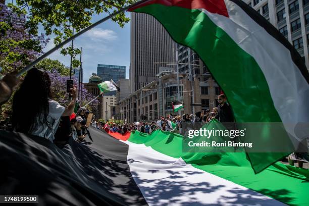 Pro-Palestinian demonstrators hold a large Palestinian flag at Town Hall during a protest on October 21, 2023 in Sydney, Australia. On October 7, the...