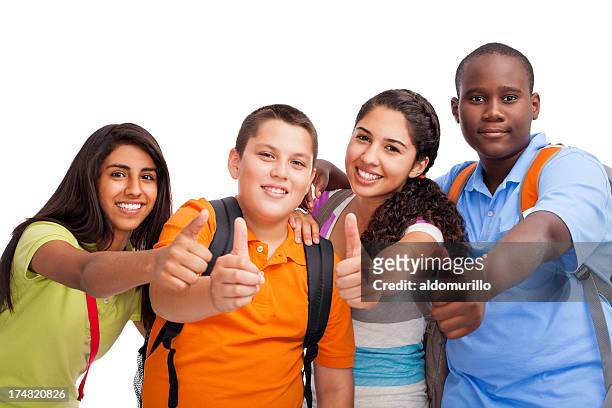 multi-ethnic teenagers making thumbs up - 13 year old cute boys stock pictures, royalty-free photos & images