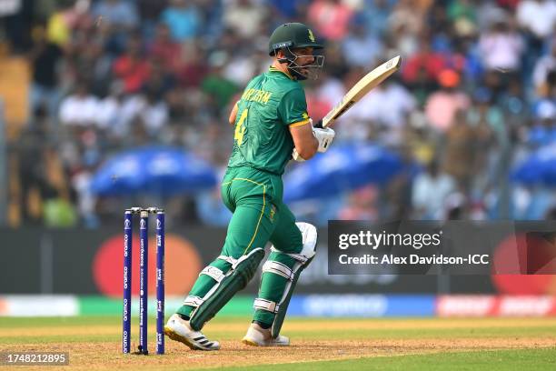 Aiden Markram of South Africa bats during the ICC Men's Cricket World Cup India 2023 match between England and South Africa at Wankhede Stadium on...