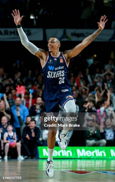 Jacob Wiley of the 36ers celebrates the win during the round four NBL match between Adelaide 36ers and Perth Wildcats at Adelaide Entertainment...