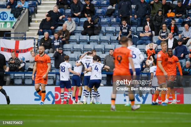 Mads Frokjar-Jensen of Preston North End celebrates his goal to make it 1-0 during the Sky Bet Championship match between Preston North End and...