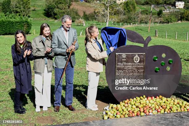 Queen Letizia of Spain, Princess Sofia of Spain, King Felipe VI of Spain and Crown Princess Leonor of Spain visit to Churches of Arroes, Pion and...