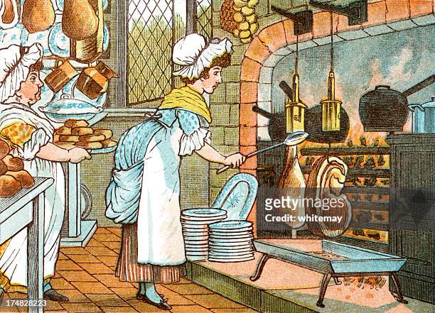 regency period cooks in a kitchen - spit roast stock illustrations
