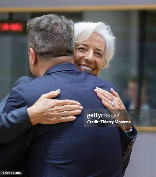 President of the European Central Bank Christine Lagarde is hugging the Luxembourg Prime Minister Xavier Bettel prior the start of the second day of...