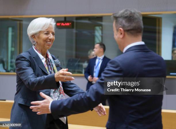 President of the European Central Bank Christine Lagarde is hugging the Luxembourg Prime Minister Xavier Bettel prior the start of the second day of...
