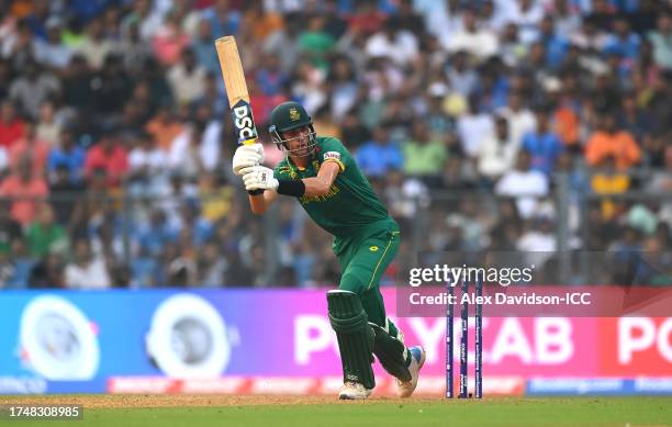 Marco Jansen of South Africa bats during the ICC Men's Cricket World Cup India 2023 match between England and South Africa at Wankhede Stadium on...