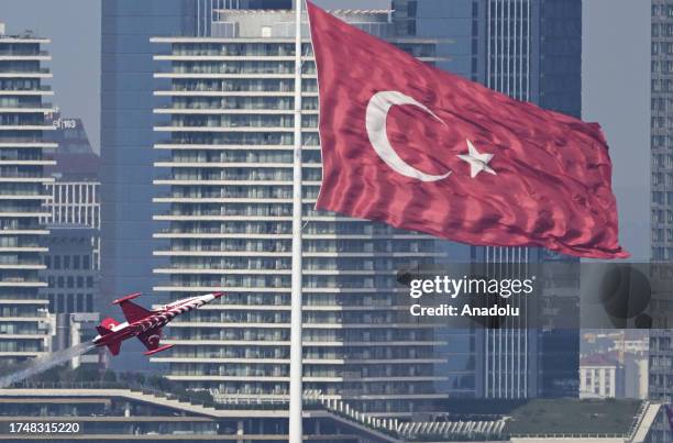 Turkish Stars, the aerobatic demonstration team of the Turkish Air Forces, performs rehearsal flight ahead of aerobatic demonstration as part of the...