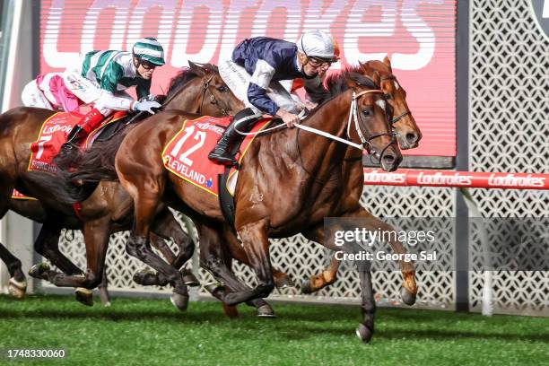 Cleveland ridden by James McDonald wins the Ladbrokes Moonee Valley Gold Cup at Moonee Valley Racecourse on October 27, 2023 in Moonee Ponds,...