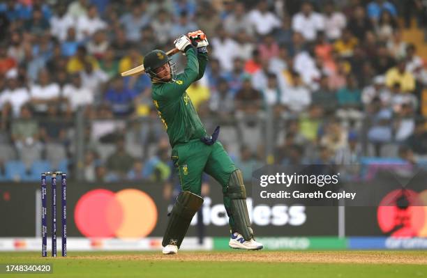 Heinrich Klaasen of South Africa hits a six during the ICC Men's Cricket World Cup India 2023 match between England and South Africa at Wankhede...