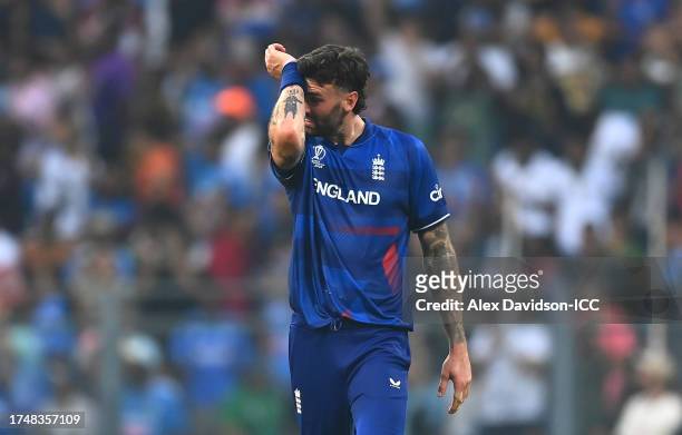 Reece Topley of England reacts during the ICC Men's Cricket World Cup India 2023 match between England and South Africa at Wankhede Stadium on...