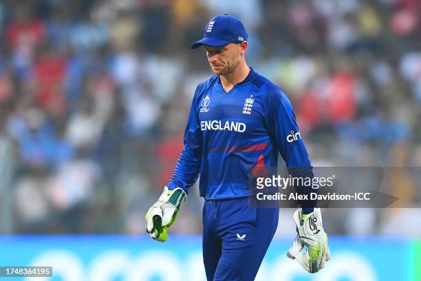 Jos Buttler of England looks on during the ICC Men's Cricket World Cup India 2023 match between England and South Africa at Wankhede Stadium on...