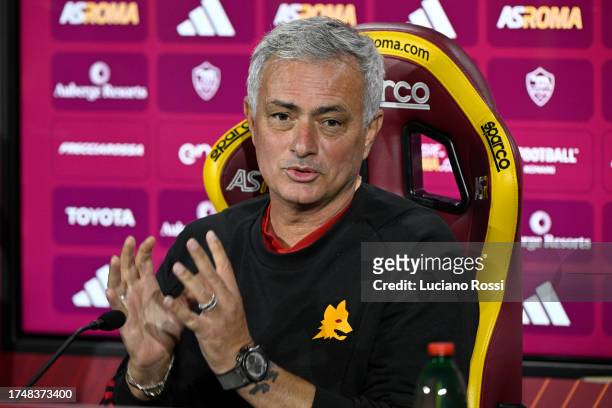 Roma coach Josè Mourinho during press conference at Centro Sportivo Fulvio Bernardini on October 21, 2023 in Rome, Italy.