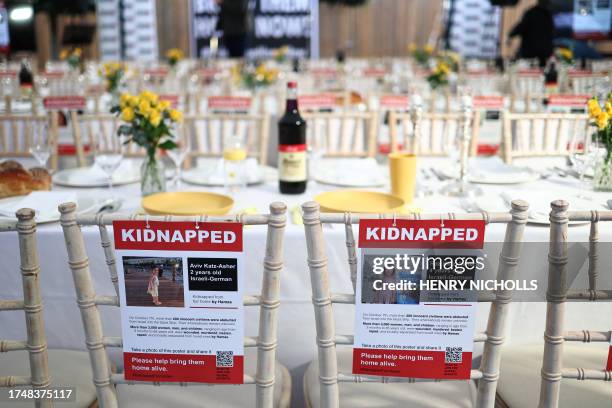 Posters of two of the kidnapped children, Israeli-German sisters Aviv and Raz Katz-Asher are seen attached to the back of chairs, at empty places...