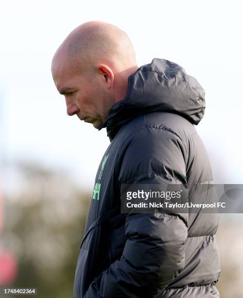 Manager Marc Bridge-Wilkinson of Liverpool during the U18 Premier League Cup game at AXA Training Centre on October 21, 2023 in Kirkby, England.