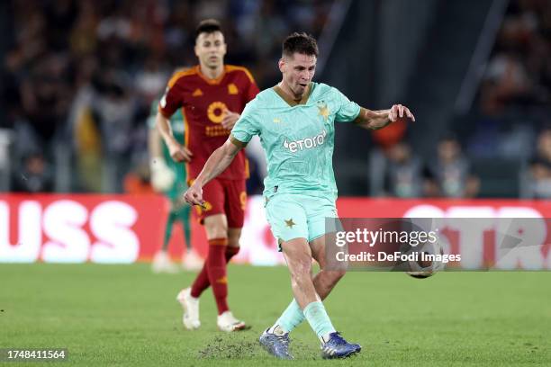 Lukas Masopust of Slavia Praha controls the ball during the UEFA Europa League 2023/24 match between AS Roma and SK Slavia Praha at Stadio Olimpico...