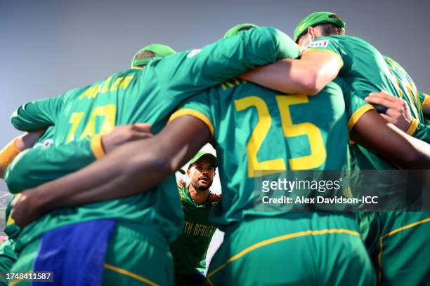 Aiden Markram of South Africa speaks to the team in a huddle prior to the ICC Men's Cricket World Cup India 2023 match between England and South...