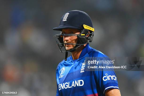 Joe Root of England leaves the field after being dismissed during the ICC Men's Cricket World Cup India 2023 match between England and South Africa...