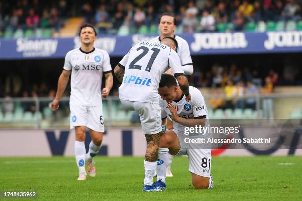 Matteo Politano of SSC Napoli celebrates with teammate Giacomo Raspadori after scoring the team's first goal during the Serie A TIM match between...