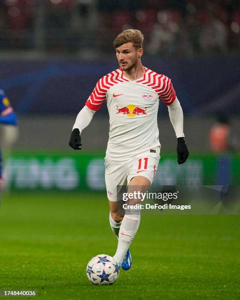 Timo Werner of RB Leipzig controls the ball during the UEFA Champions League match between RB Leipzig and FK Crvena zvezda at Red Bull Arena on...