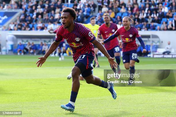 Lois Openda of RB Leipzig celebrates after scoring the team's first goal during the Bundesliga match between SV Darmstadt 98 and RB Leipzig at...