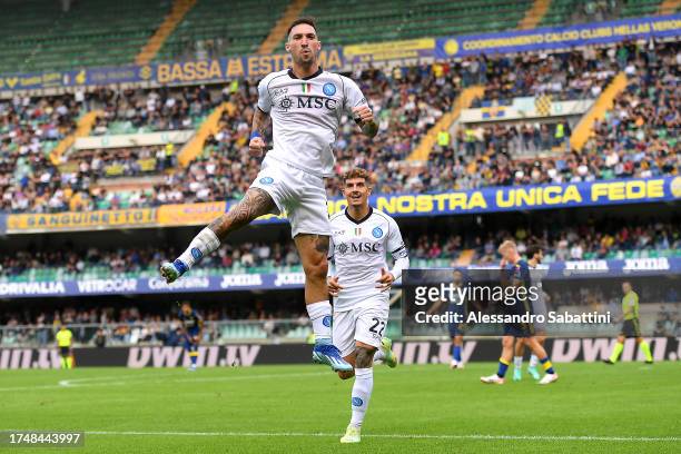 Matteo Politano of SSC Napoli celebrates after scoring the team's first goal during the Serie A TIM match between Hellas Verona FC and SSC Napoli at...
