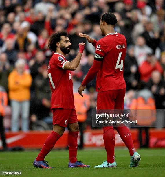 Mohamed Salah of Liverpool celebrates after scoring the second goal during the Premier League match between Liverpool FC and Everton FC at Anfield on...