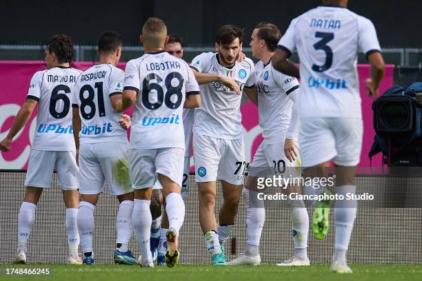 Khvicha Kvaratskhelia of Napoli SSC celebrates after scoring his team's second goal during the Serie A TIM match between Hellas Verona FC and SSC...