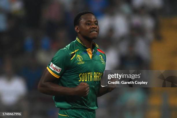 Kagiso Rabada of South Africa celebrates the wicket of Ben Stokes of England during the ICC Men's Cricket World Cup India 2023 match between England...