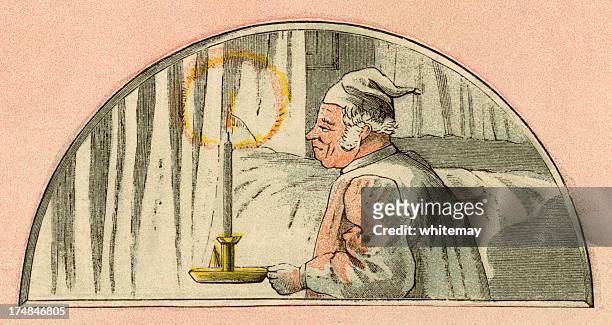 victorian man with nightcap and candle - nightcap stock illustrations