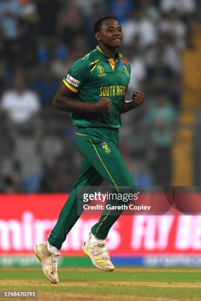 Kagiso Rabada of South Africa celebrates the wicket of Ben Stokes of England during the ICC Men's Cricket World Cup India 2023 match between England...