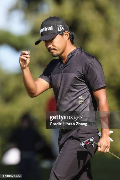 Satoshi Kodaira of Japan acknowledges the gallery after holing out on the 9th green during the third round of ZOZO Championship at Accordia Golf...