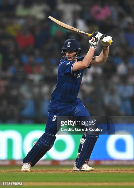 Harry Brook of England bats during the ICC Men's Cricket World Cup India 2023 match between England and South Africa at Wankhede Stadium on October...