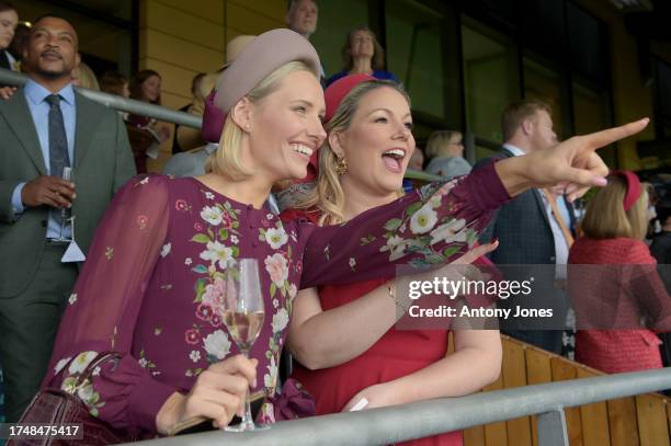 Laura-Ann Barr and Natalie Rushdie attend the QIPCO British Champions Day at Ascot Racecourse on October 21, 2023 in Ascot, England.