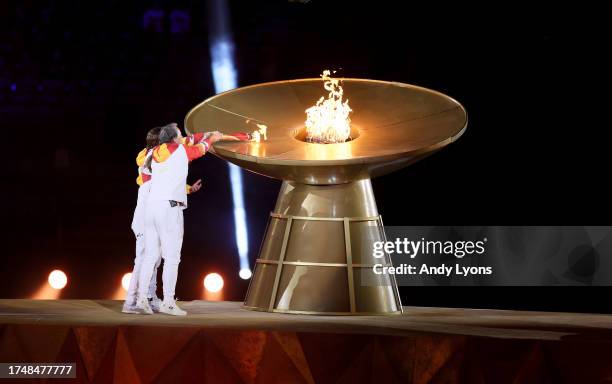 Lighting of the flame during the opening ceremony of the Santiago 2023 Pan Am Games at Estadio Nacional Julio Martínez Prádanos on October 20, 2023...