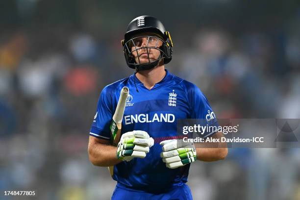 Jos Buttler of England leaves the field after being dismissed during the ICC Men's Cricket World Cup India 2023 match between England and South...