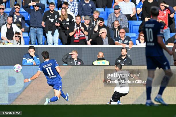 Ellyes Skhiri of Eintracht Frankfurt scores the team's third goal during the Bundesliga match between TSG Hoffenheim and Eintracht Frankfurt at...