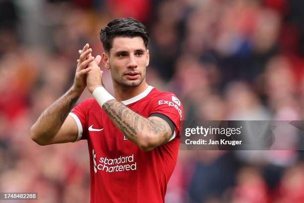 Dominik Szoboszlai of Liverpool in action during the Premier League match between Liverpool FC and Everton FC at Anfield on October 21, 2023 in...