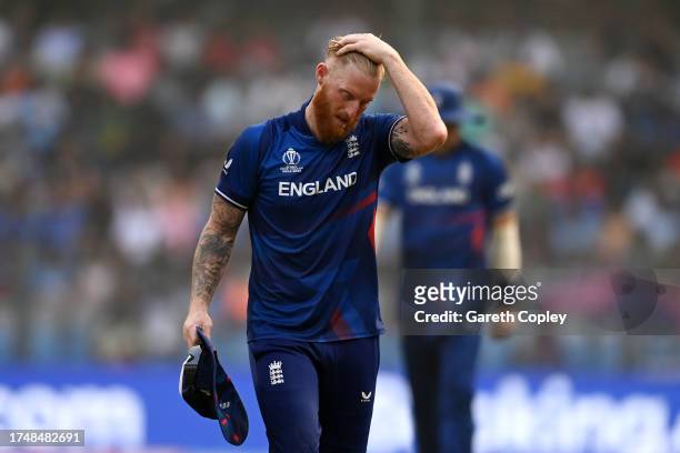 Ben Stokes of England reacts during the ICC Men's Cricket World Cup India 2023 match between England and South Africa at Wankhede Stadium on October...