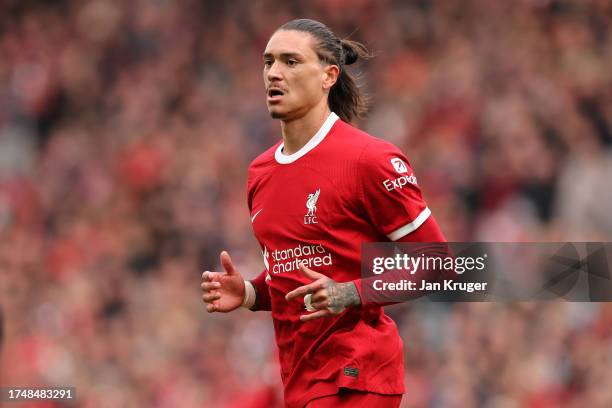 Darwin Nunez of Liverpool in action during the Premier League match between Liverpool FC and Everton FC at Anfield on October 21, 2023 in Liverpool,...