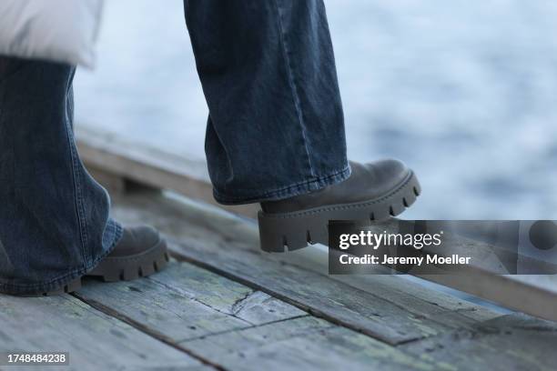 Detail Shot from the Copenhagen Studios CPH570 Waxed Nabuc khaki leather boots, on October 18, 2023 in Lulea, Sweden.