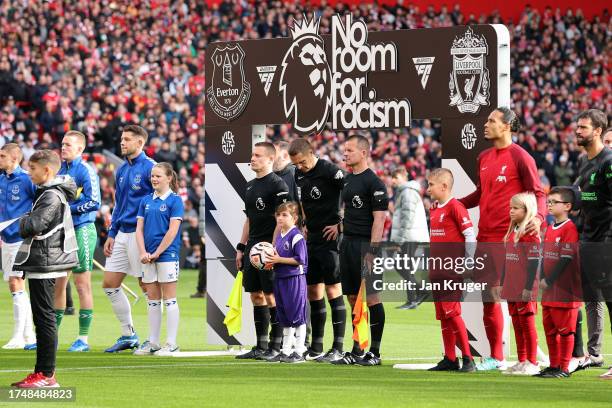 Detailed view of the 'No Room For Racism' message board during the Premier League match between Liverpool FC and Everton FC at Anfield on October 21,...