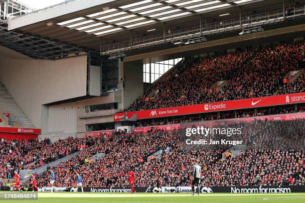 Detailed view of the 'No Room For Racism' LED board during the Premier League match between Liverpool FC and Everton FC at Anfield on October 21,...