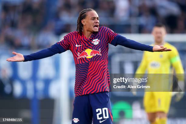 Xavi Simons of RB Leipzig reacts during the Bundesliga match between SV Darmstadt 98 and RB Leipzig at Merck-Stadion am Böllenfalltor on October 21,...