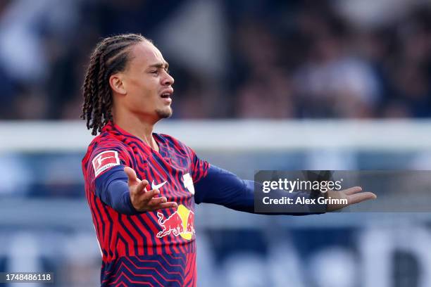 Xavi Simons of RB Leipzig reacts during the Bundesliga match between SV Darmstadt 98 and RB Leipzig at Merck-Stadion am Böllenfalltor on October 21,...