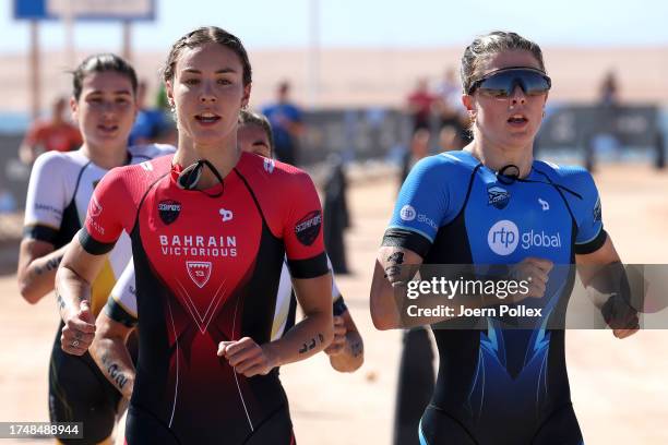 Cassandre Beaugrand of France and Kate Waugh of Great Britain compete during the Women's Super League Triathlon during the NEOM Beach Games 2023 on...