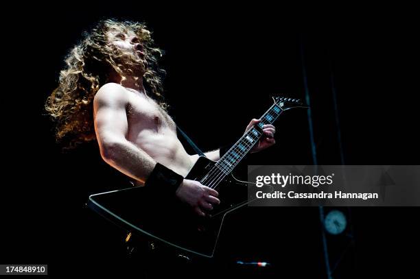 Joel O'Keeffe of Airbourne performs for fans on day 3 of the 2013 Splendour In The Grass Festival on July 28, 2013 in Byron Bay, Australia.