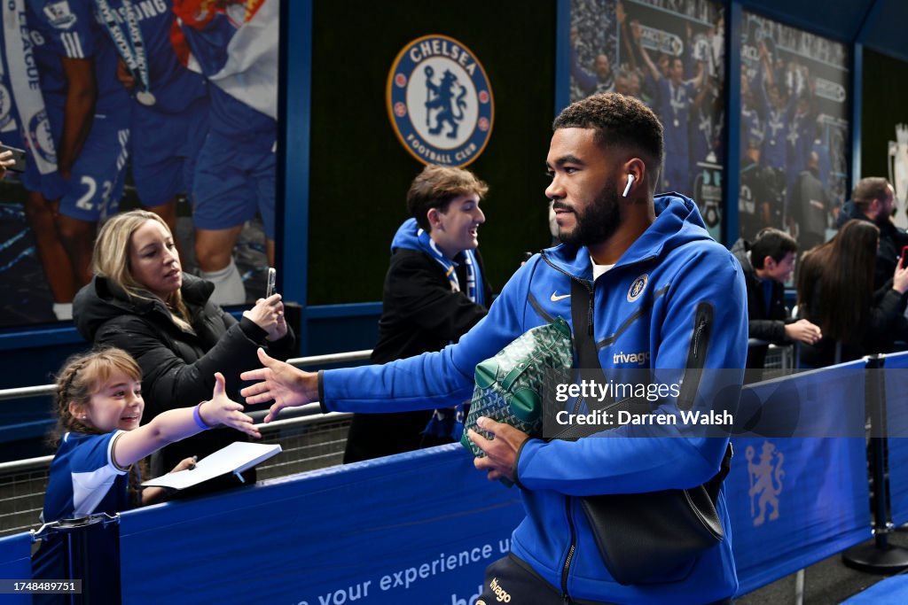 Chelsea Lensing Reece James of Chelsea arrives at the stadium prior to the Premier ...
